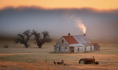 A weathered farmhouse sits solitary in a golden, misty field at dawn.  Sunrise hues paint the sky, while fog envelops the distant hills. A vintage tractor rests beside the aged building