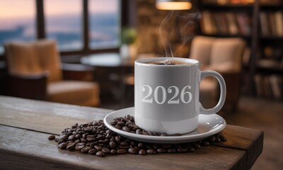A white mug with the year 2026 printed on it, steaming hot coffee, sits on a wooden table surrounded by coffee beans.  A blurred background shows a cozy room with a view