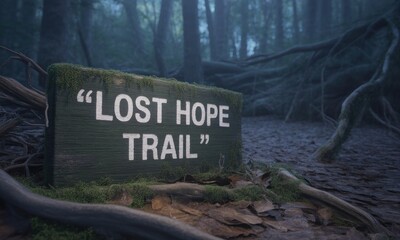 A weathered wooden sign, reading "Lost Hope Trail," sits amidst a misty, overgrown forest