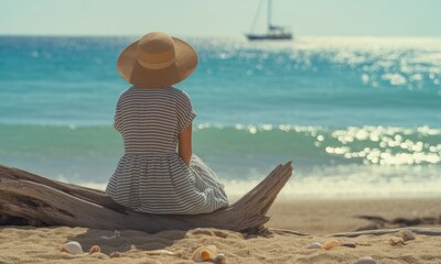 A woman in a light-colored dress sits on driftwood, gazing out at a tranquil ocean.  A beige sun hat is on her head.  Seashells and sand are visible near the driftwood