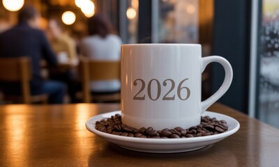 A white coffee mug with the year 2026 printed on it, sits on a saucer of coffee beans on a wooden table, in a cafe setting.  Blurred figures of people are seated at tables in the background