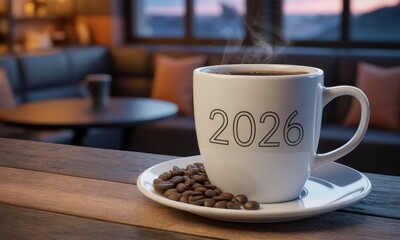 A white mug with the year 2026 printed on it, sits on a wooden bar, next to coffee beans.  Warm interior in background