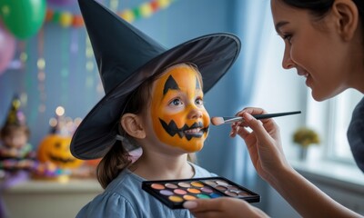 A woman applies Halloween face paint to a child wearing a witch's hat.  A colourful party atmosphere is in the background