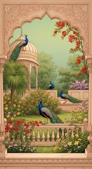 Majestic Peacocks in Lush Garden with Ornate Archway Indian Mughal Style Illustration
