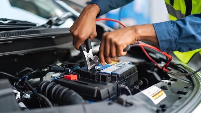Jump Starting Car Battery: Mechanic Attaches Jumper Cables for Automotive Repair