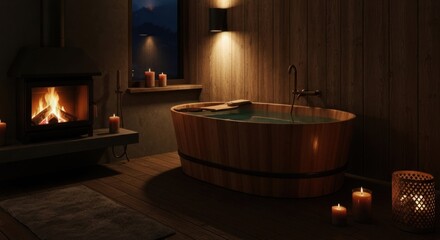 Wooden soaking tub by a fireplace at night. Mountain view