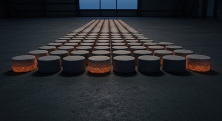 Abstract arrow of glowing cylindrical objects on concrete floor