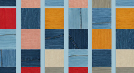 A seamless pattern of colorful patchwork squares on a soft blue background