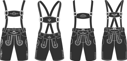 Traditional German Lederhosen vector set, Bavarian shorts with suspenders, Oktoberfest costume design, Alpine folk outfit illustration, festive attire clipart