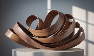 Abstract wooden ribbons sculpture, light and shadow
