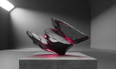 Abstract sculptural forms, dark gray with pink highlights, sit atop a gray pedestal in a minimalist space
