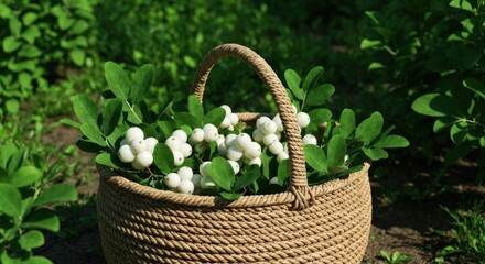 A woven basket overflowing with small, white berries and lush green leaves in a sunlit garden