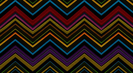 A seamless pattern of colorful tribal zigzag lines on a black background