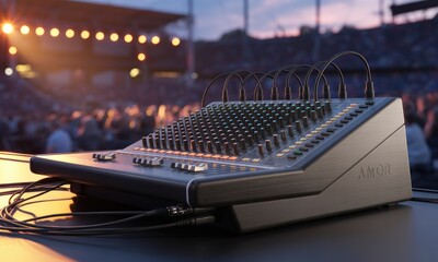 Audio console on stage, concert setting