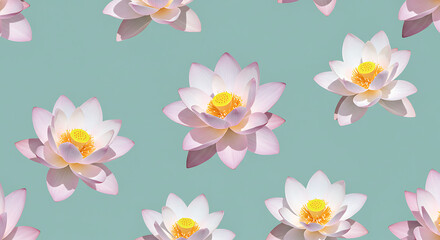 A seamless pattern of delicate lotus flowers on a soft teal background