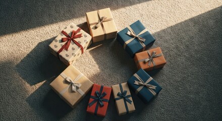 Wrapped gifts in a circle on a carpet, sunlight