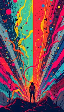 ics illustration in retro 90s style with pop art pattern, abstract psychedelic background, subject positioned at bottom, ample copy space at top, aesthetic layout for photo.