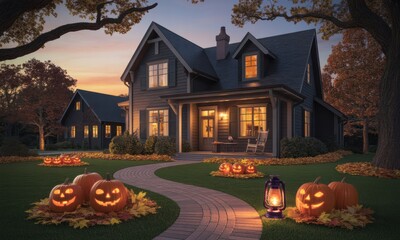 Autumnal Halloween house at dusk.  Pumpkin lanterns on pathway