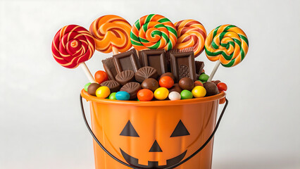 Halloween Candy Bucket with Colorful Sweets and Jack-o'-Lantern Design