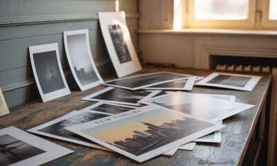 Black and white prints, various subjects, on a wooden table in a room with a window