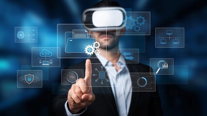 A professional man in a suit explores a virtual reality interface, interacting with data graphics and modern technology. Perfect for innovation and business themes. Raster