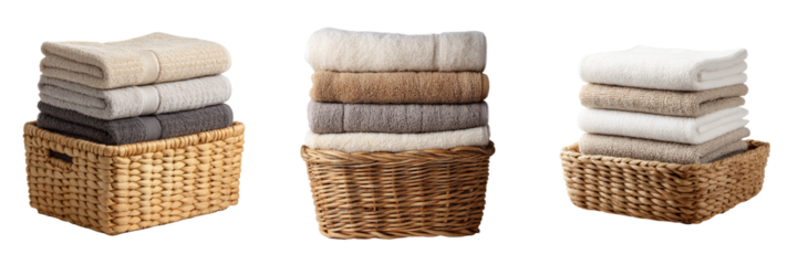 Stacks of folded terrycloth towels in woven baskets neutral colors isolated on a transparent background