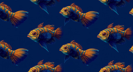 Fototapeta premium A seamless pattern of intricate mandarin fish in vibrant orange on a deep blue background