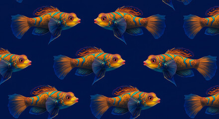 Fototapeta premium A seamless pattern of intricate mandarin fish in vibrant orange on a deep blue background