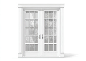 White double doors with decorative trim.  Front view, isolated on white background.  Paned glass