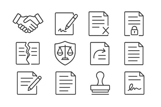 Legal Icon Collection. Line style icons of legal symbols in contracts: agreement handshake, sign here icon, initial lines icon,