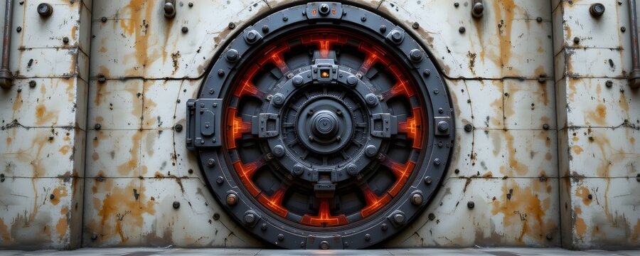 Circular heavy metal door with intricate gears and glowing orange accents, set in plex industrial wall, subject at top, ample cheery lemon toned copy space below, clear positioning for photo.