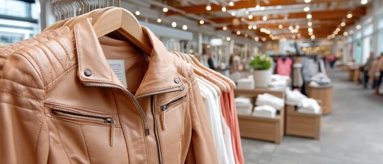 Obraz premium A leather jacket hangs prominently on a rack among light-colored clothing, set in a bright, contemporary space with elegant decor