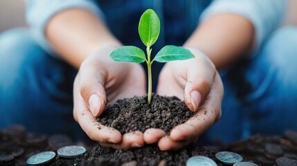 Person planting a seedling in a pile of coins, symbolizing long-term investment, growth 