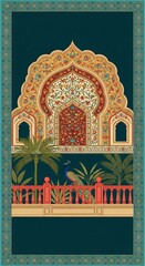 Ornate Indian Archway with Peacock and Lush Tropical Garden Landscape Illustration
