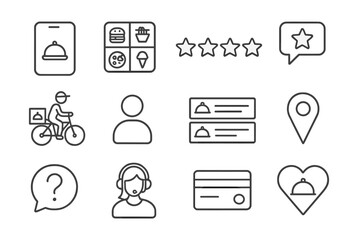 Food Delivery Icons. Line style icons of food delivery platforms: app home screen, food category grid, star rating, review icon,