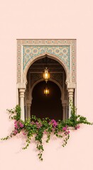 Ornate Moroccan Archway with Pink Wall and Lush Bougainvillea Flowers Architectural Detail