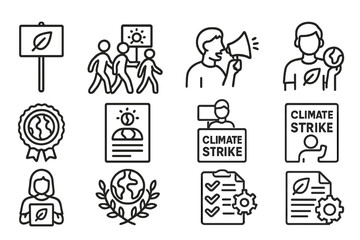 Climate Action Icons. Line style icons of climate action and activism: protest sign icon, climate march, activist megaphone, eco