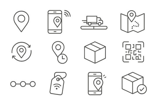 Delivery Tracking Icons. Line style icons of tracking and monitoring: GPS pin icon, real-time tracker, delivery status bar, map