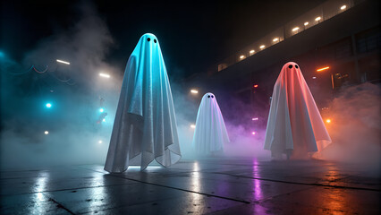 “3D Rendered Halloween Ghost Shapes with Futuristic Lighting”