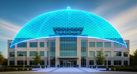 Obraz premium Smart Cybersecurity Infrastructure - Corporate Building Under Digital Umbrella