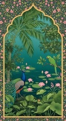 Peacock in Lush Tropical Garden with Lotus Pond and Decorative Mughal Archway Illustration