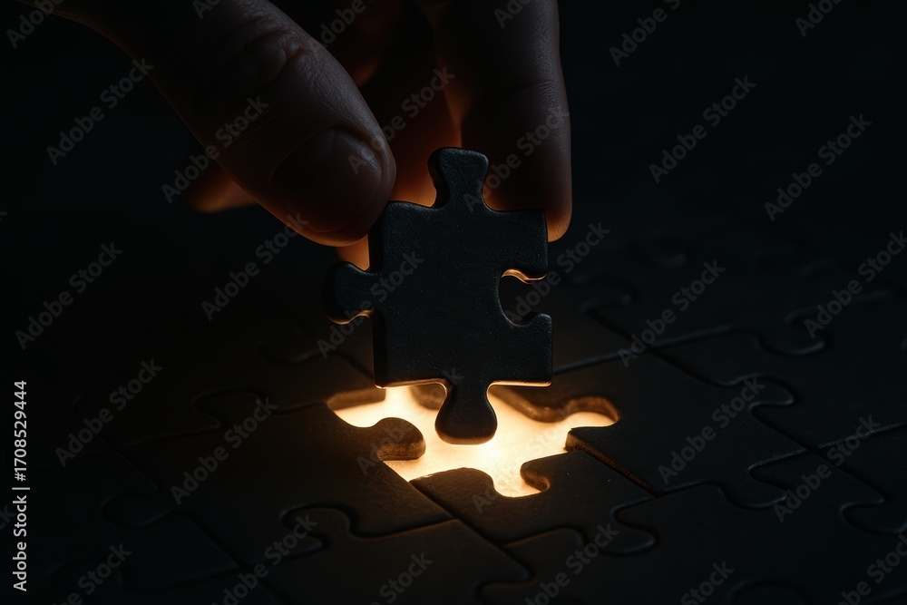 Poster the missing piece of the puzzle: a close-up shot showcases a hand delicately placing the final puzzl