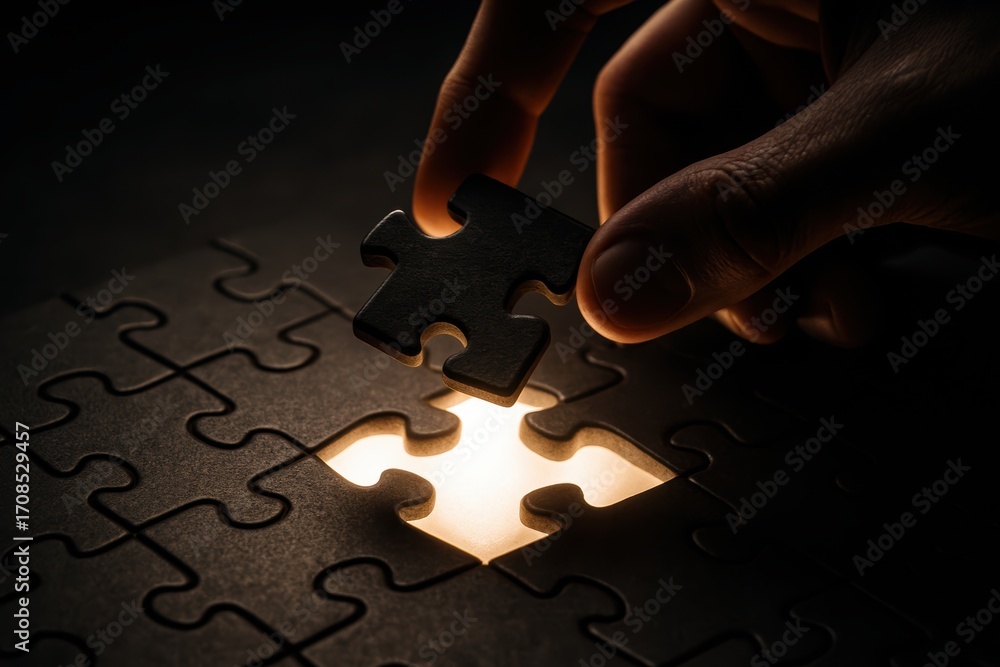 Poster Illuminating Solution: A hand inserts the final puzzle piece, showcasing problem-solving and the completion of a task. The light represents insight, strategy, and successful teamwork.