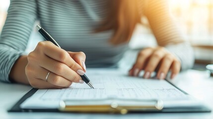 Person writing notes in a financial planner, organized desk, soft daylight, thoughtful 
