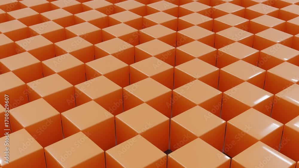 Wall mural orange 3d cubes aligned in rows and columns across dark gray surface form surreal abstract backgroun