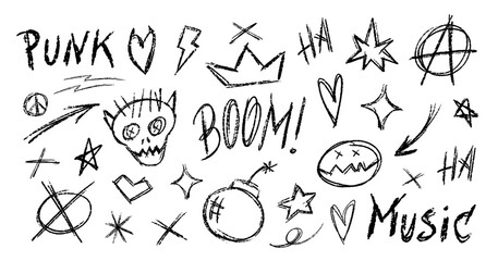 Crayon Pencil Gray Punk Rock Squiggles Vector Set. Chalk Scribble Graffiti Shapes Collection. Color Hand Drawn Brush Texture Scull, Heart, Arrow and Crown Squiggles. Pencil Elements Charcoal Doodles