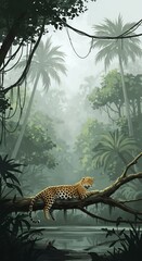 Resting Leopard in Lush Tropical Rainforest Jungle Landscape Illustration Digital Art