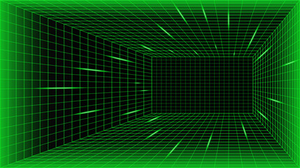 Cyberpunk Grid Room Glowing Line Background. 3D Game Neon Wireframe Space Digital Vector Texture Perspective Tunnel. Retro Futuristic Virtual Techno Landscape. Cyberspace Abstract Matrix VR Wallpaper