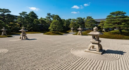 Zen garden with raked sand and stone lanterns