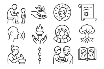 Intergenerational Knowledge Icons. Line style icons of intergenerational knowledge: elder teaching child, herb transfer hands,